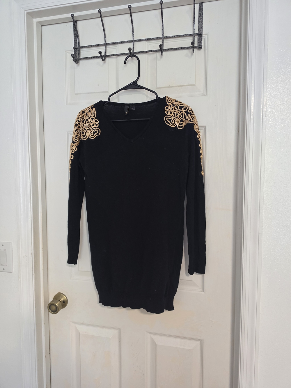 Black V-Neck Sweater with Gold Embroidered Shoulder Detail